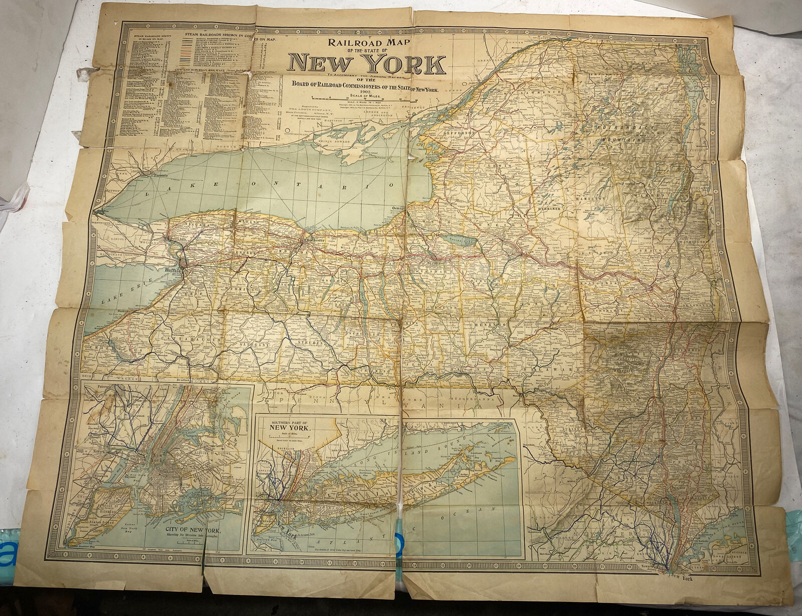NYC Railroad Map 1902 Antique Wall Map New York City State RARE Steam Folding NY