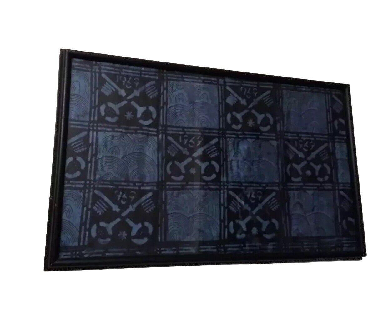 17x30Vintage Adinkra Cloth Blue & Black Glass Framed Homedecor Collectible