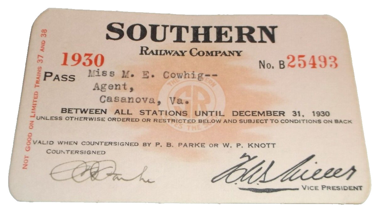 1930  SOUTHERN RAILWAY COMPANY EMPLOYEE PASS  #25493