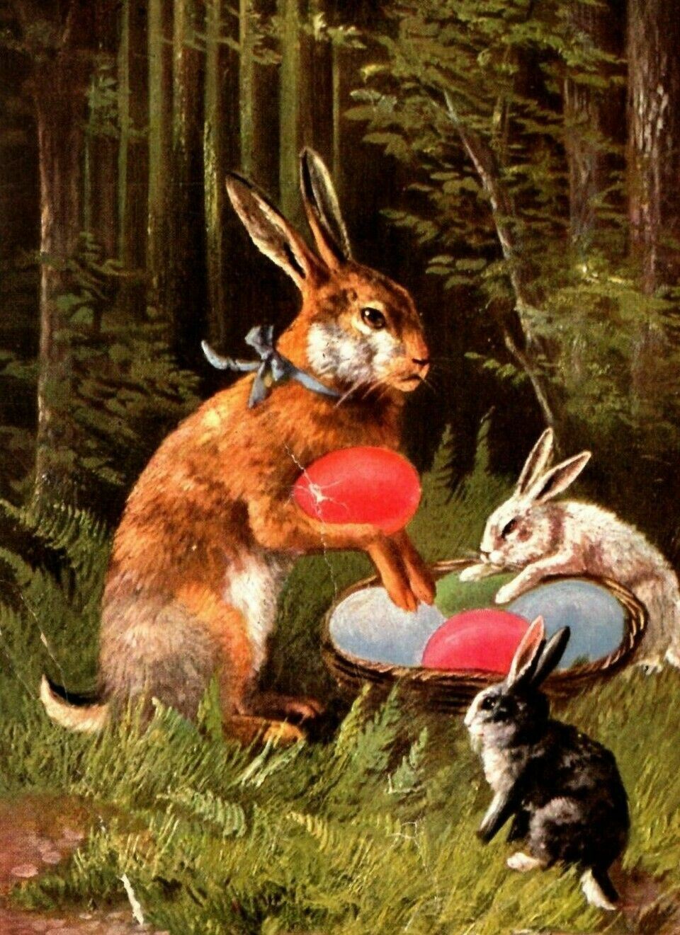 1909 Postcard Easter  Anthropomorphic Rabbits  Collecting Easter Eggs 