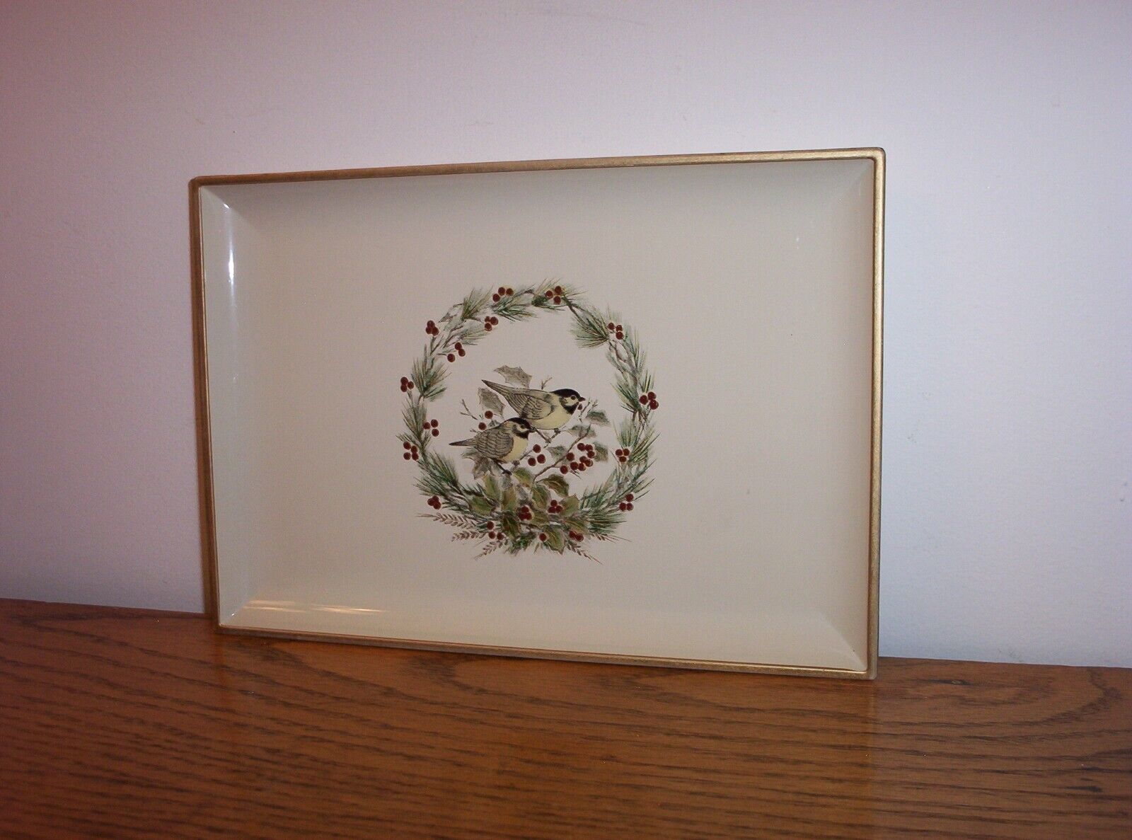 Vintage Otagiri Japan Lacquerware Trinket Tray Birds Hollyberry Wreath Chickadee