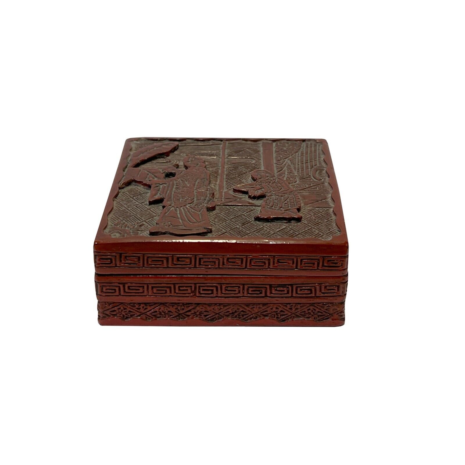 Vintage Chinese Red Resin Lacquer Square Carving Small Accent Box ws3013