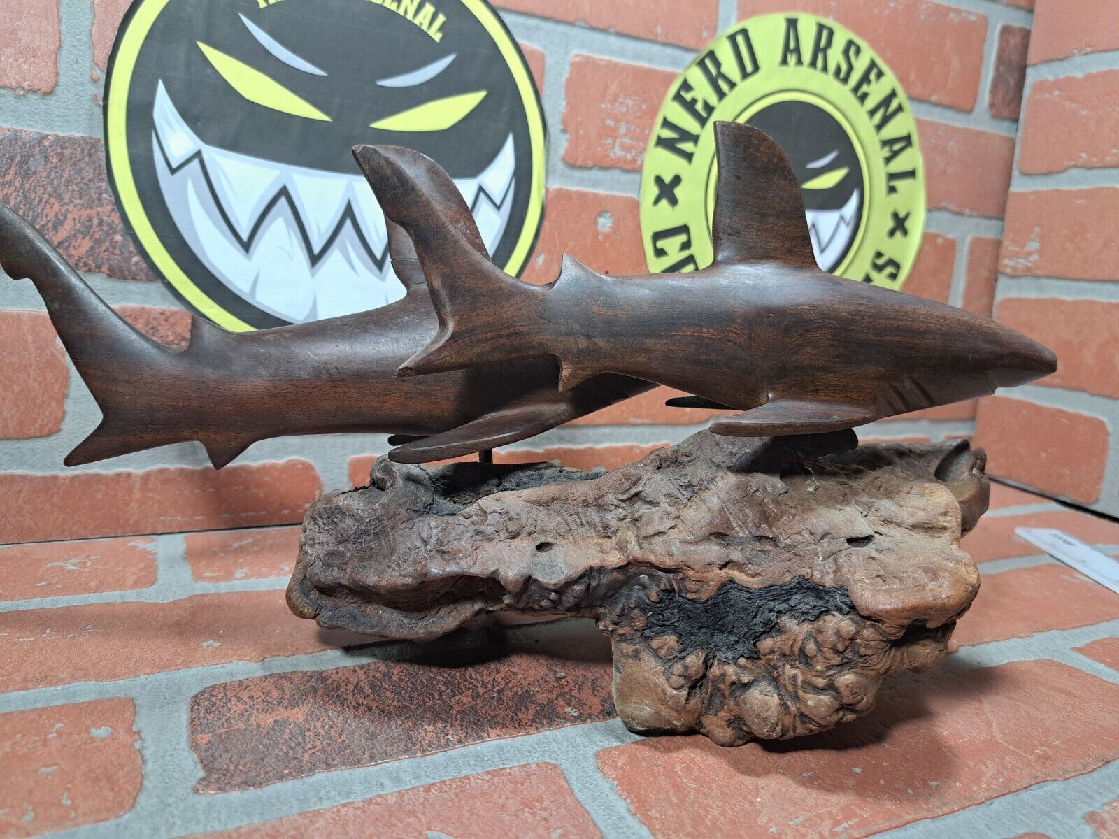Vintage Hand Carved Hardwood Shark Pair On Burl Wood Base 