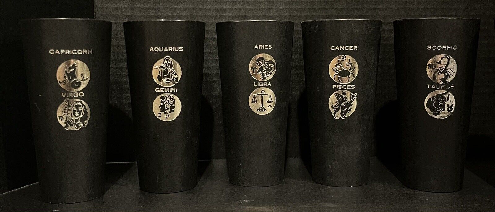 Vtg. Nasco Black Plastic Zodiac Symbols Cups Tumblers 6 in. Tall Set of 6 **READ