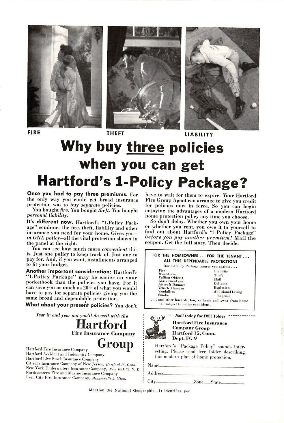 1957 Print Ad Hartford Insurance Why buy three policies when you can get  one