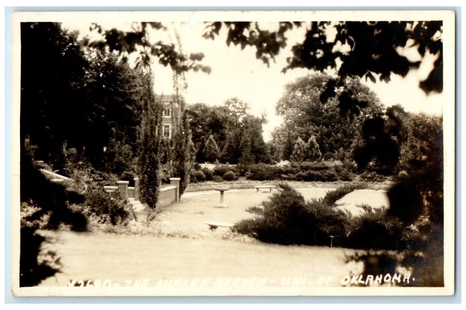c1940\'s University Oklahoma Building Sunken Garden RPPC Photo Vintage Postcard