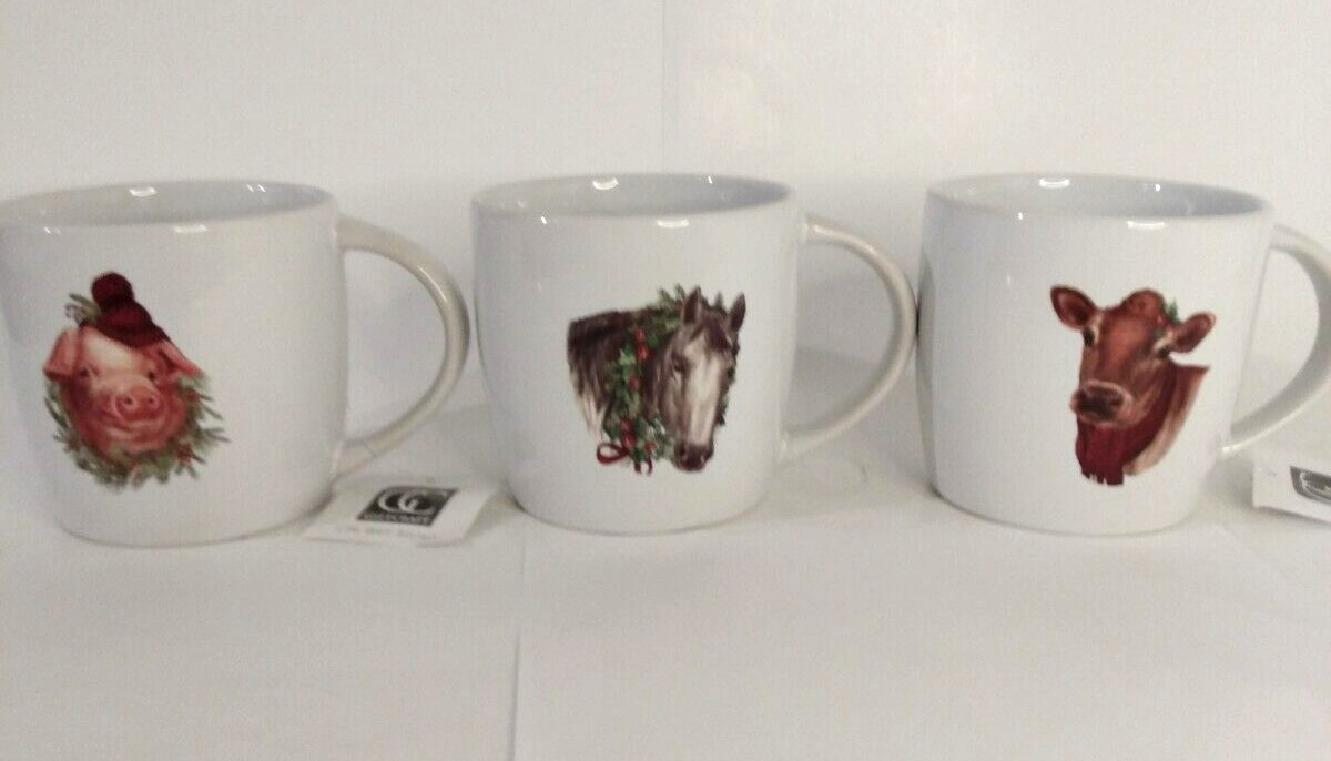 Giftcraft Christmas Mugs: Pig, Cow & Horse Decked Out For The Holidays Set of 3