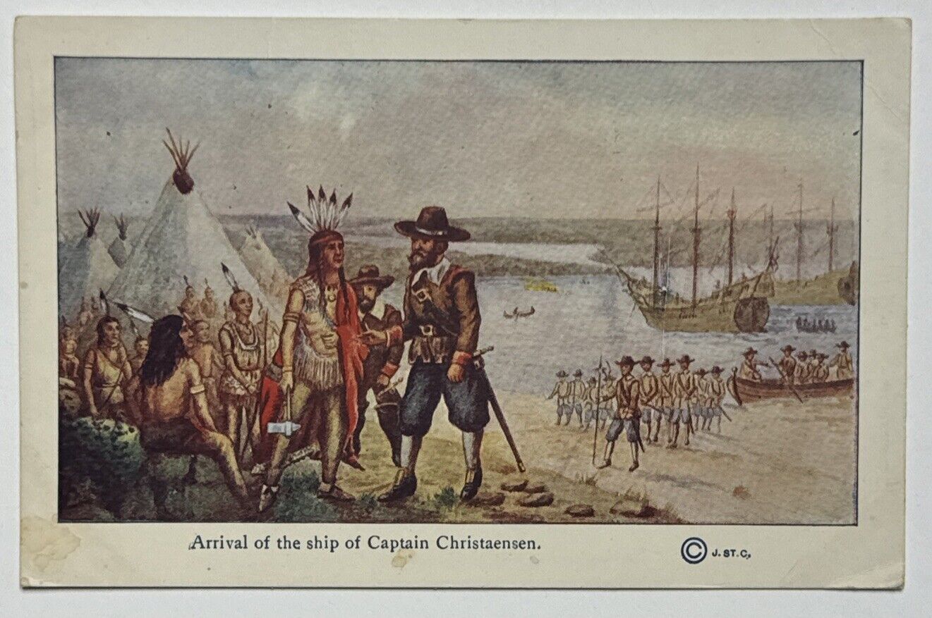The Arrival of Captain Christaensen Native Americans Antique c1914 Postcard
