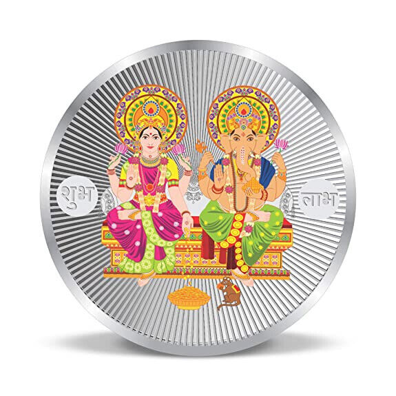 Indian Traditional Maa Laxmi & Ganesh Ji 999 Pure Silver Coin Multicolor 50 gram