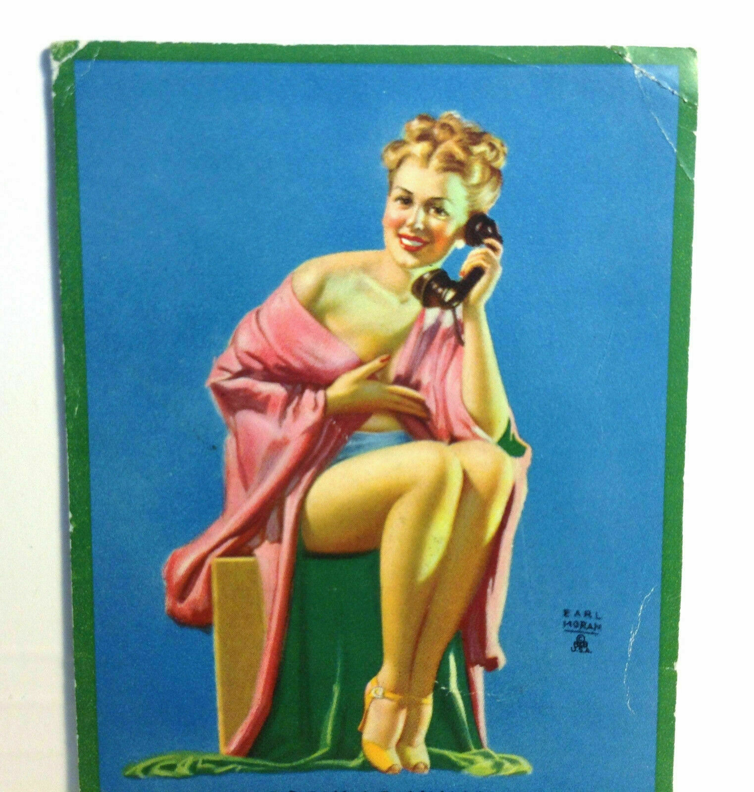 1940s Pinup Girl Art EARL MORAN Ink Blotter Card A Popular Number Phone Blonde