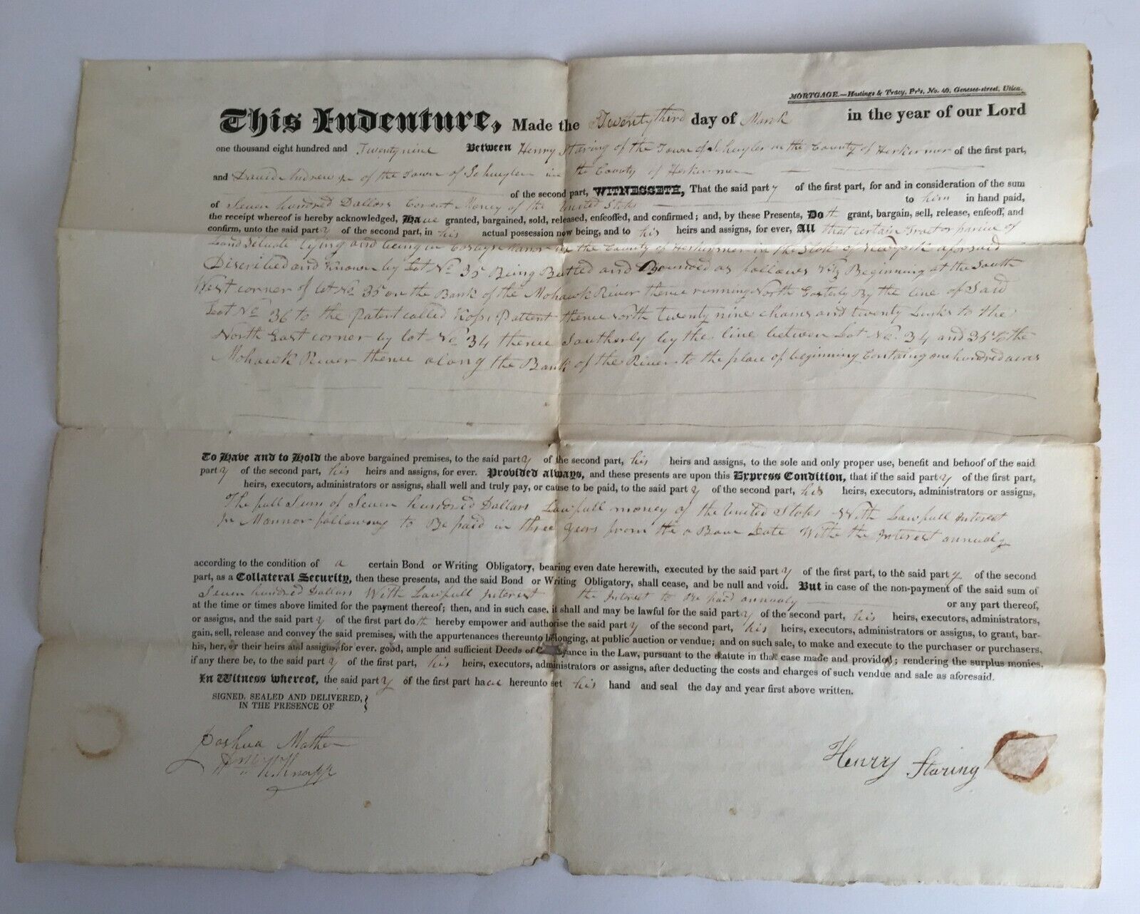 Antique Mortgage Document 1829