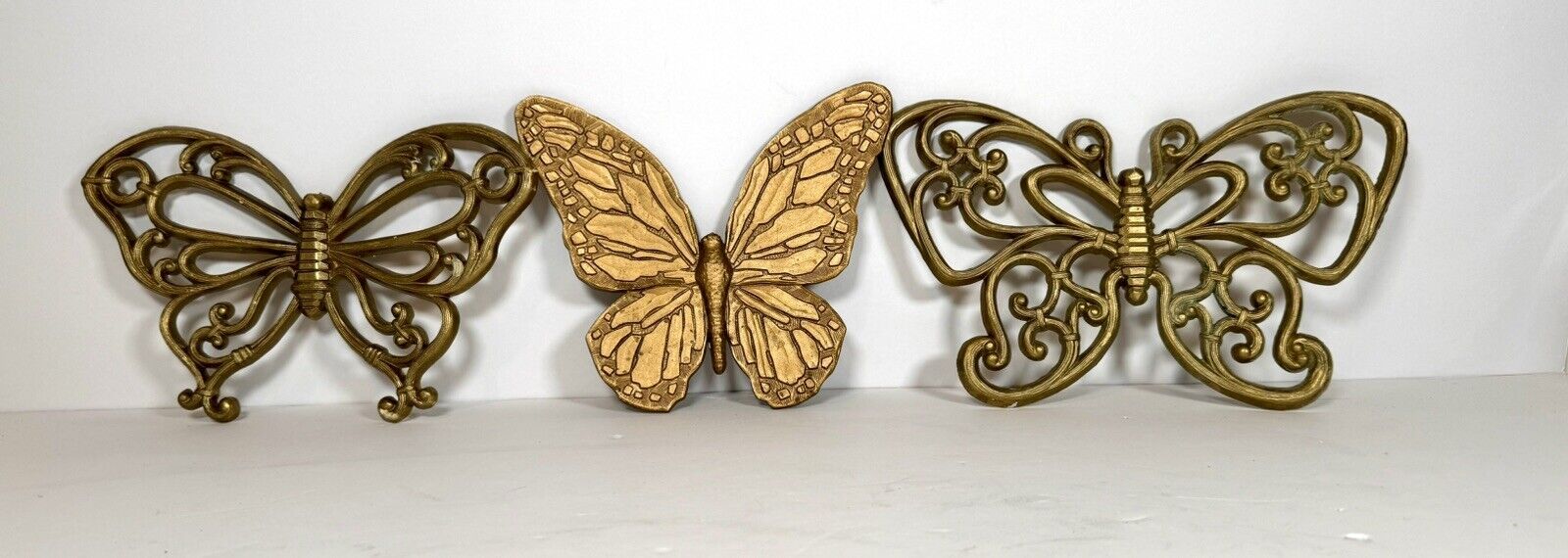 Vintage Homco Gold Butterflies Set of 3 Wall Plaques Hangings Faux Wicker