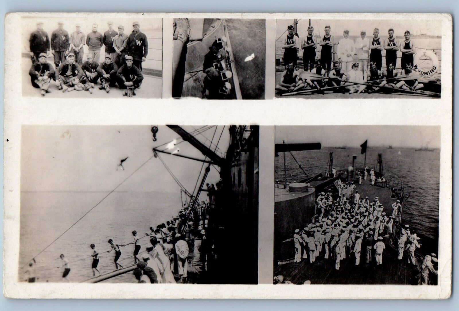 USS Wyoming Postcard RPPC Photo Baseball Diving Sports Multiview c1910\'s Antique