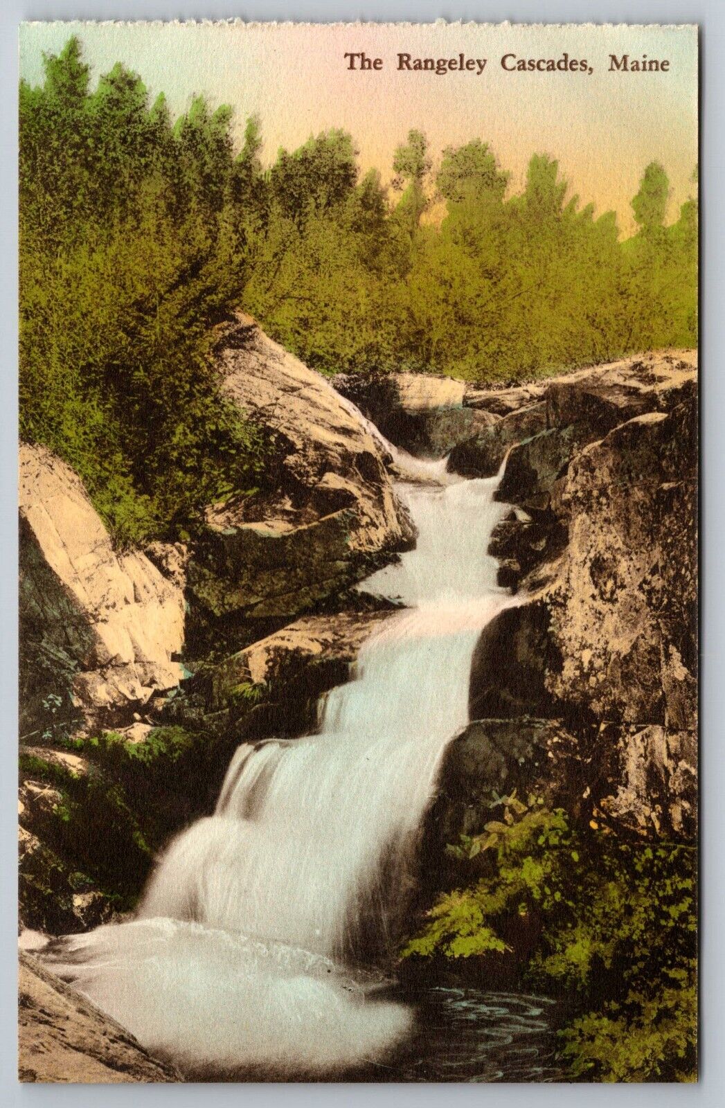 The Rangeley Cascades. Hand Colored Rangeley Maine Postcard
