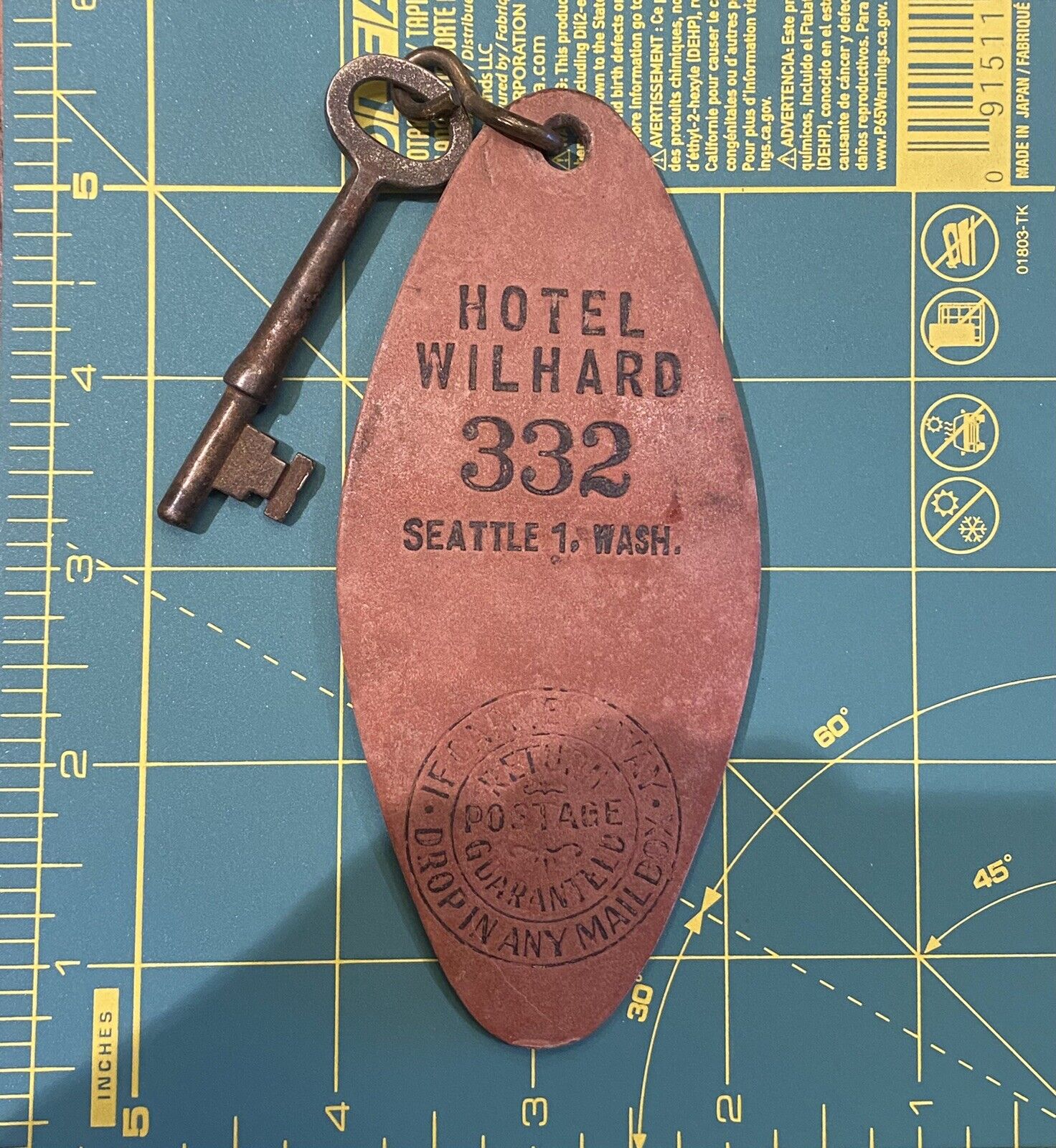 RARE Antique ‘Hotel Wilhard’ SEATTLE, Skeleton Key & Room Fob, Washington WA