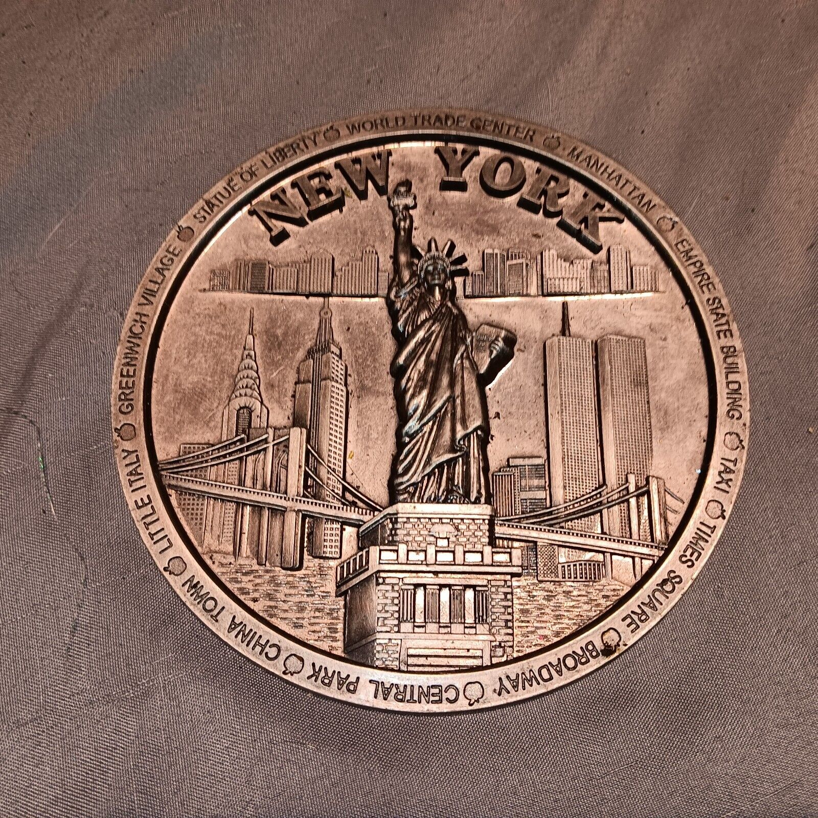 3-D New York City NYC Lady Liberty Plate World Trade Center Made in Korea Pewter