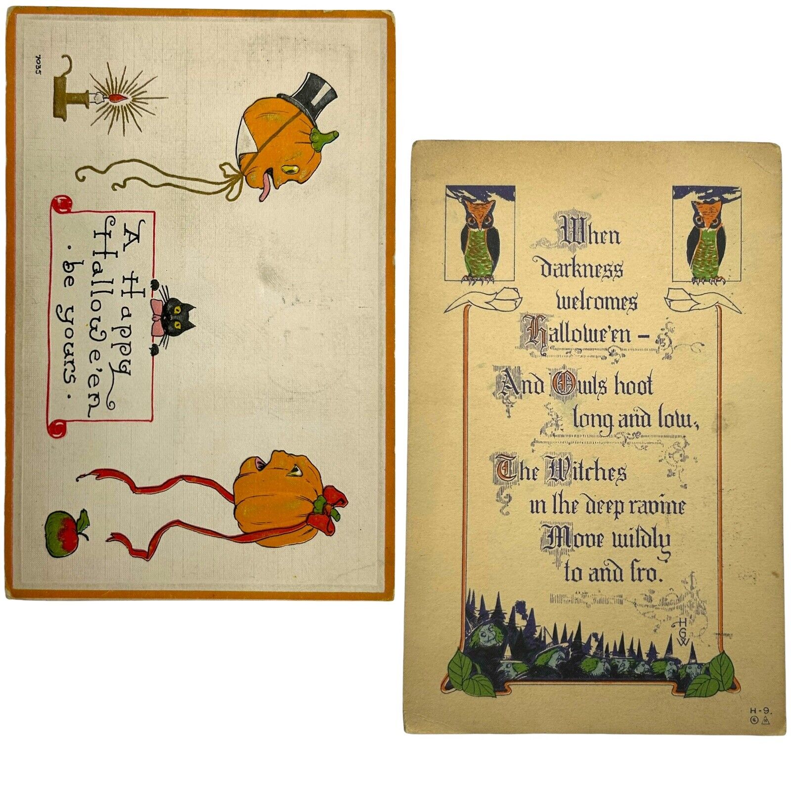 2 Antique 1910s Halloween Postcards Witch Pumpkin Jack-o-lantern Owls Black Cat