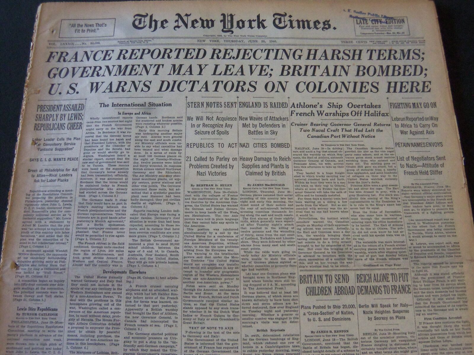 1940 JUNE 20 NEW YORK TIMES - FRANCE REPORTED REJECTING HARSH TERMS - NT 5901