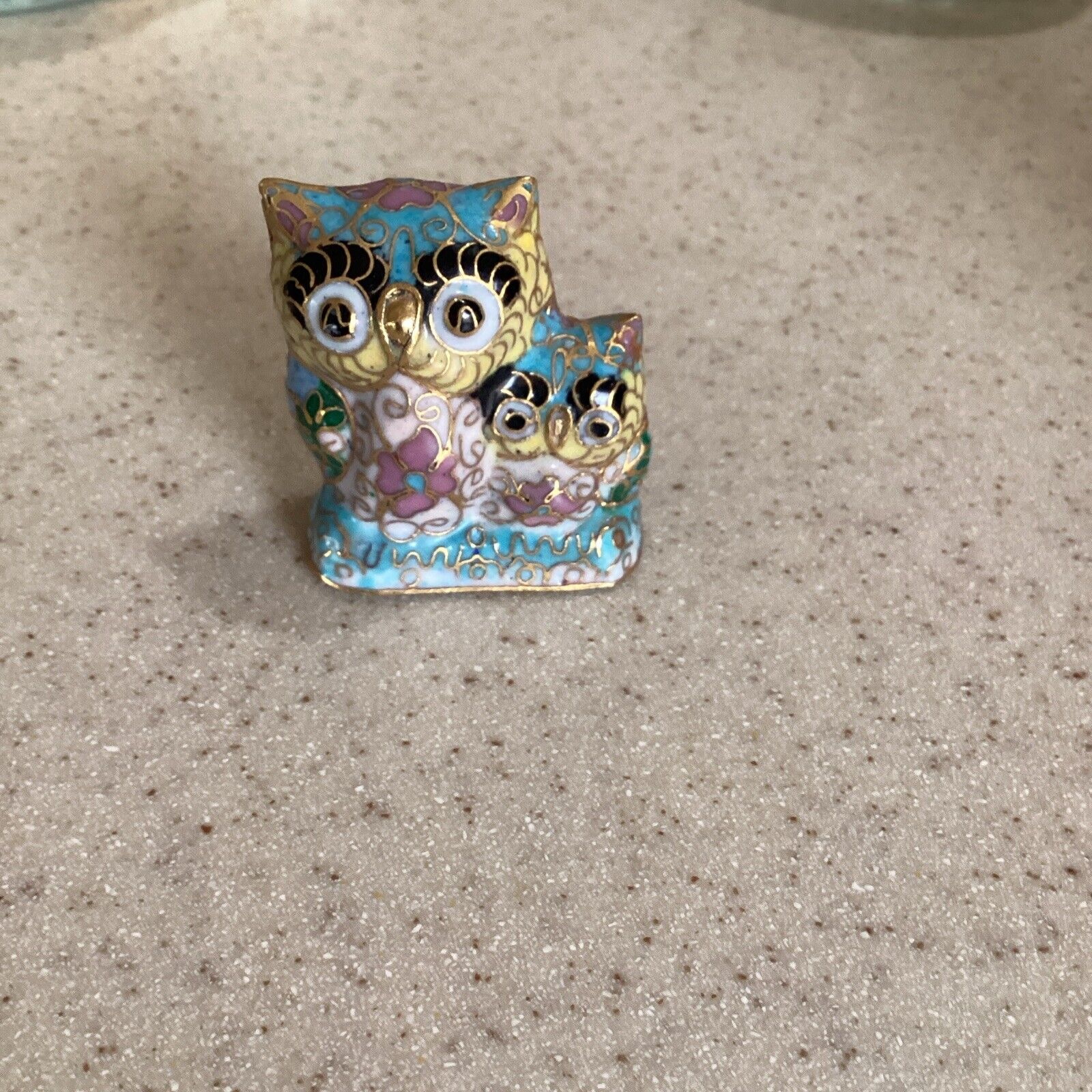 Cloisonné pair of owls one and a half inches tall