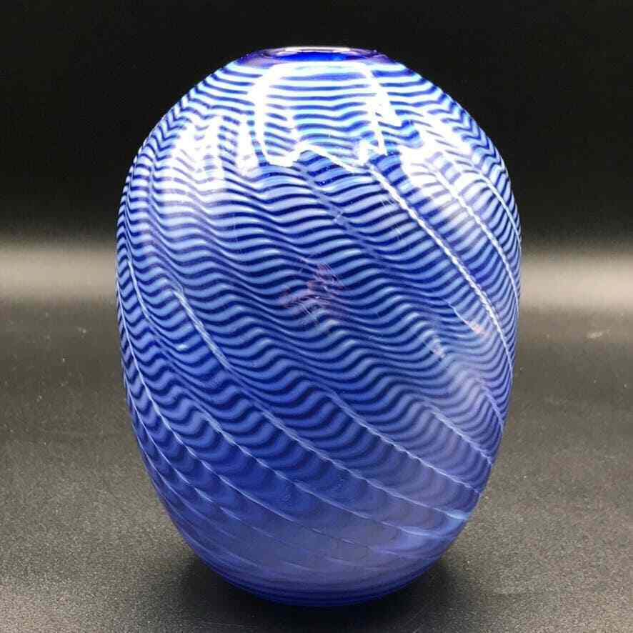 Vintage Dante Marioni Hand Blown Art Glass Rare Blue Swirl Striped Vase c 1990's