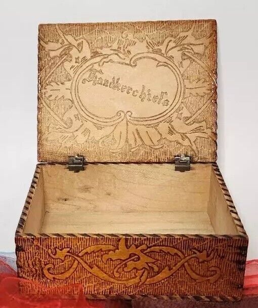Vtg Wood Box Handkerchief Pyrography Victorian Trinket Dovetail Floral