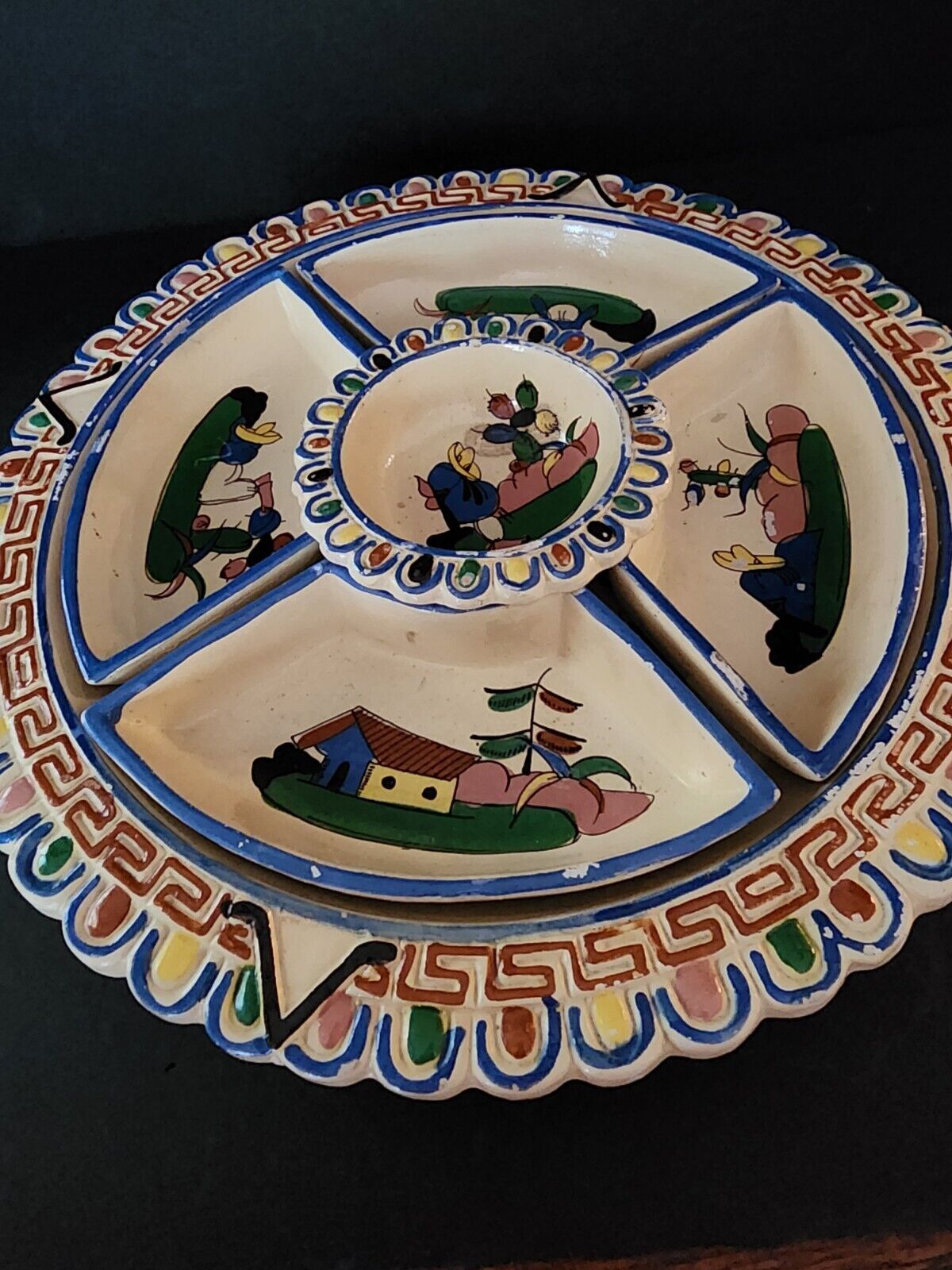 cOLorFuL Vintage Mexican Tlaquepaque Pottery Clay Salsa / Veggie Divided Tray