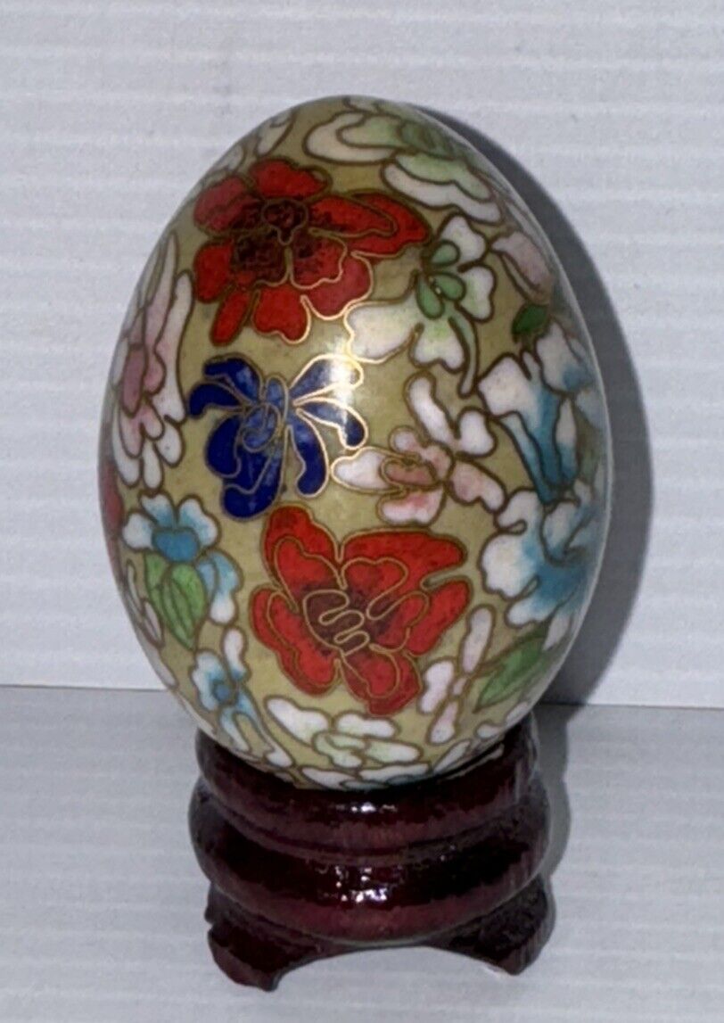 Vintage Cloisonné Egg Enamel Egg With Wood Base 2.5” Tall Egg