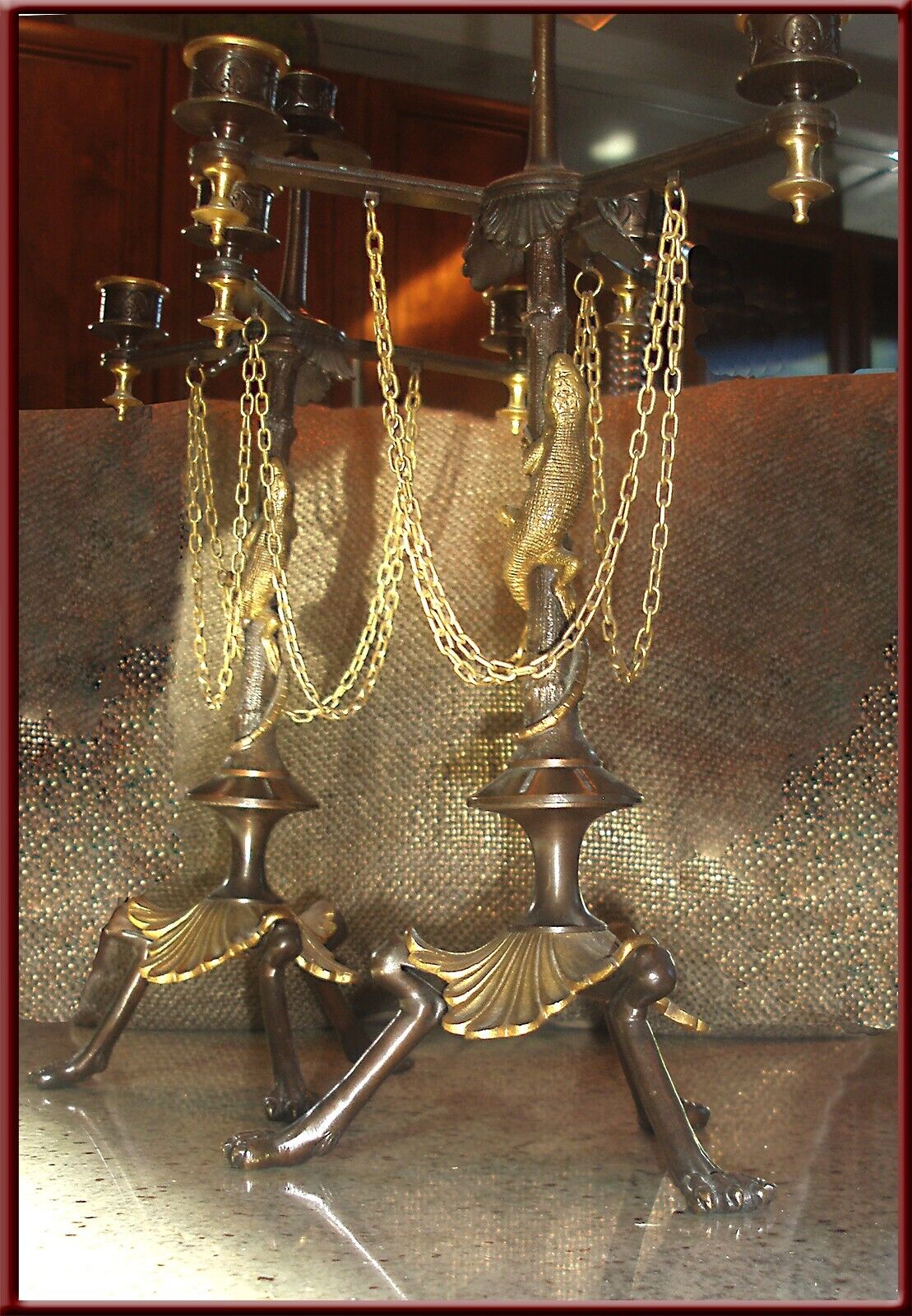 Antique Candelabras”Unique Apt Size pair”Braceleted Lizard-Gilt Bronze $1,888.00