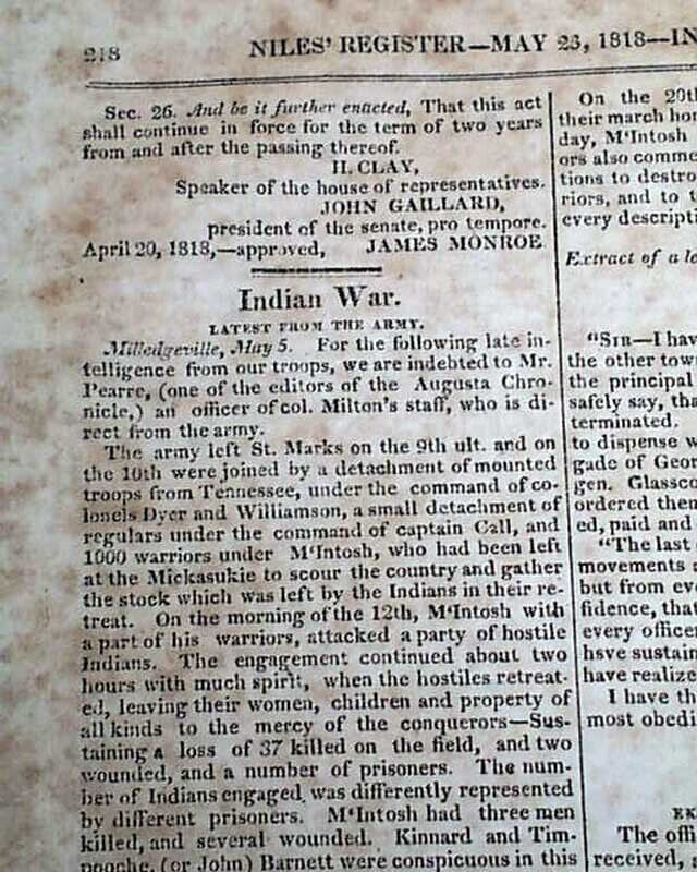 ELI WHITNEY Cotton Gin Invention & Andrew Jackson INDIANS 1818 Old Newspaper 