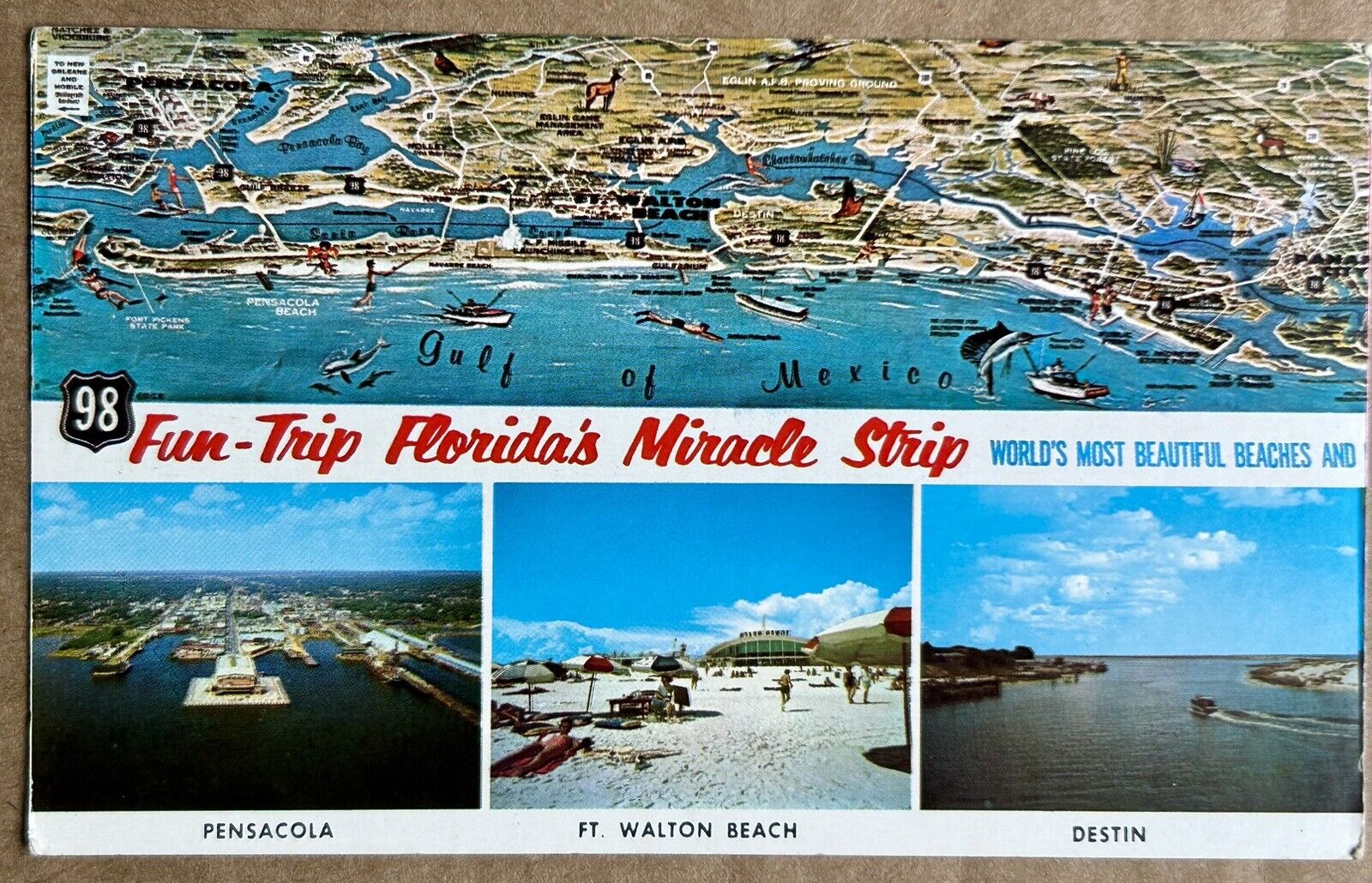 Florida strip. Beaches. Pensacola, Ft Walton, Destin. Vintage Postcard