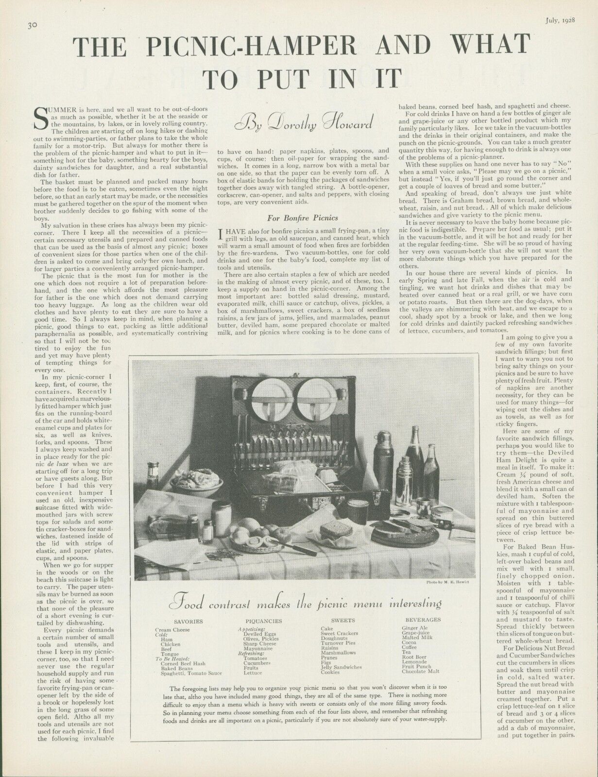 1928 Picnic Hamper Menu Savories Piquancies Sweets Beverages Vtg Print Story PR1