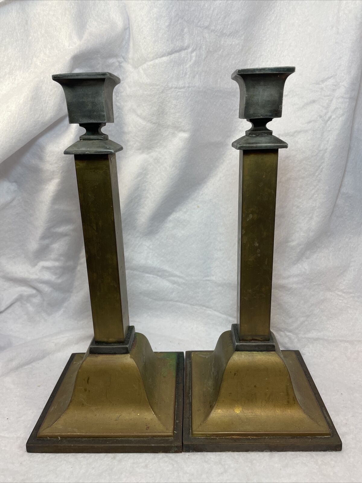B&H BRADLEY & HUBBARD Antique Candlesticks Pair Brass Posts Cast Iron Base Tall