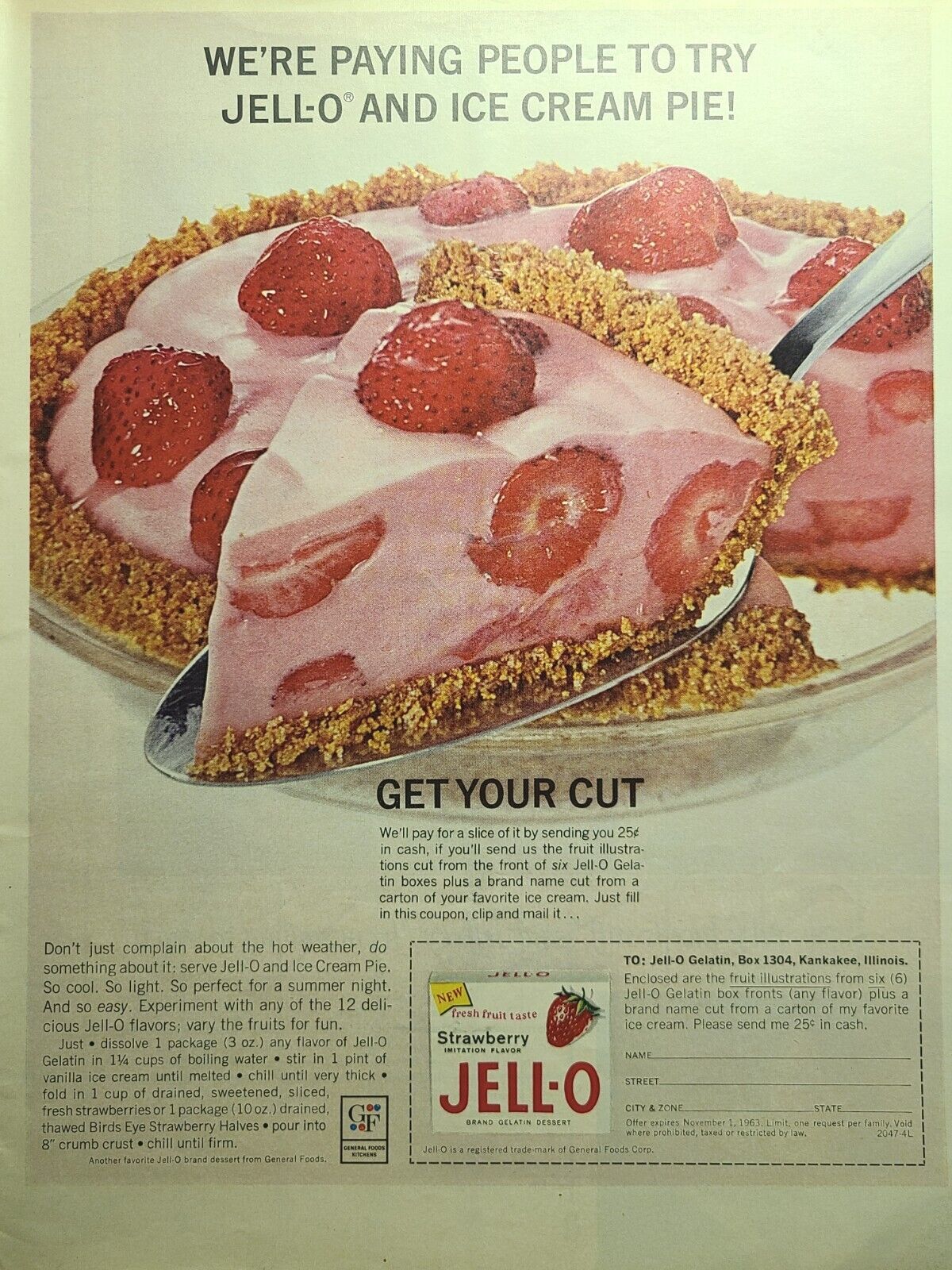 Jell-O Gelatin Kankakee IL Strawberry Ice Cream Pie Recipe Vintage Print Ad 1963