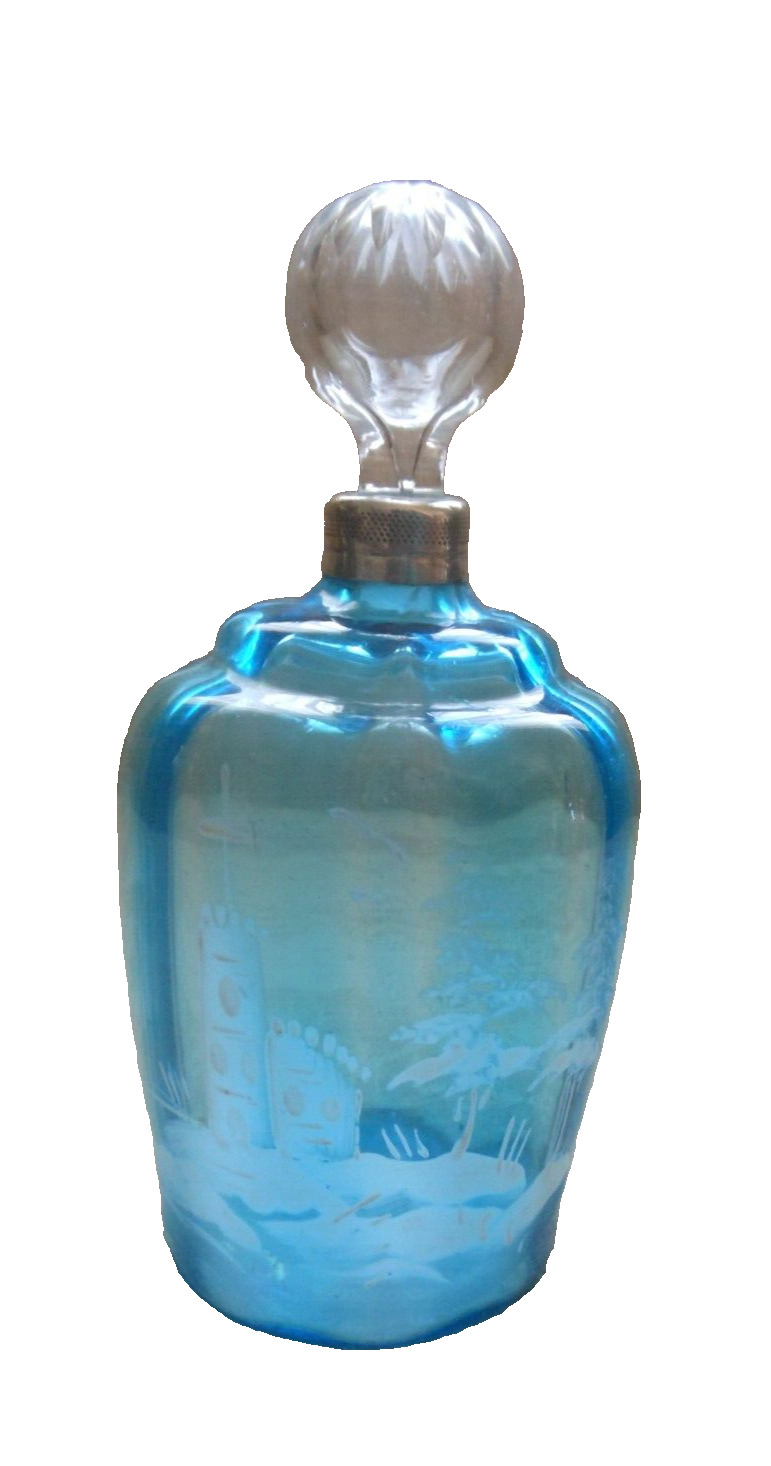 Mary Gregory Vintage Perfume / Scent Bottle Rare Petrol Blue - Castle Decoration