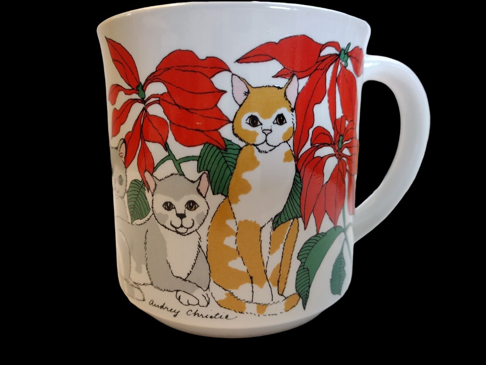 Vintage Audrey Christie Mug Cats & Poinsettias Christmas Holiday Cup Gift Feline