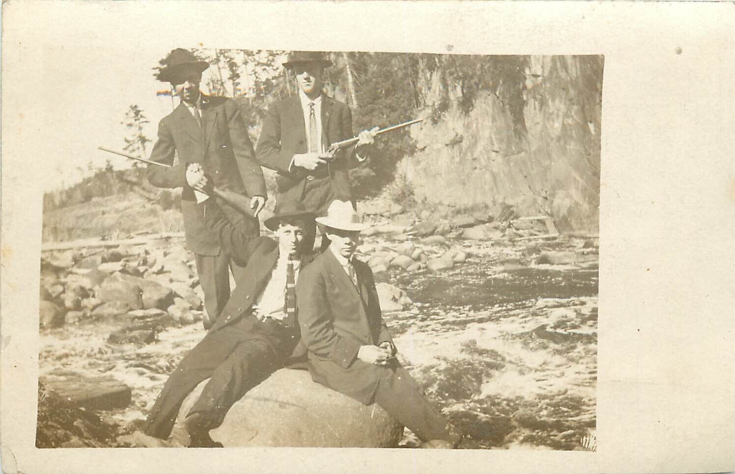 RPPC Postcard; Young Men in Suits w/ Rifles at Creek, Bemidji MN c1910 Trimmed