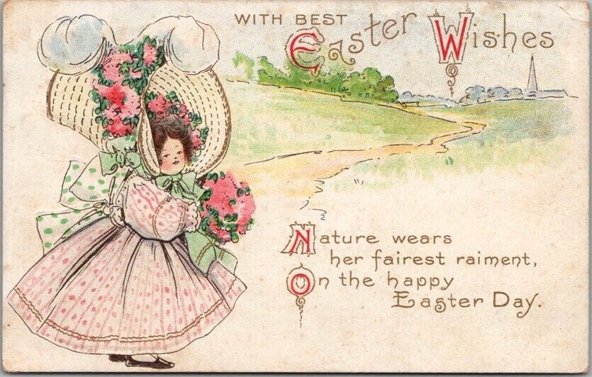 Vintage EASTER Greetings Postcard Girl in Gigantic Bonnet / AMP Co. c1910s