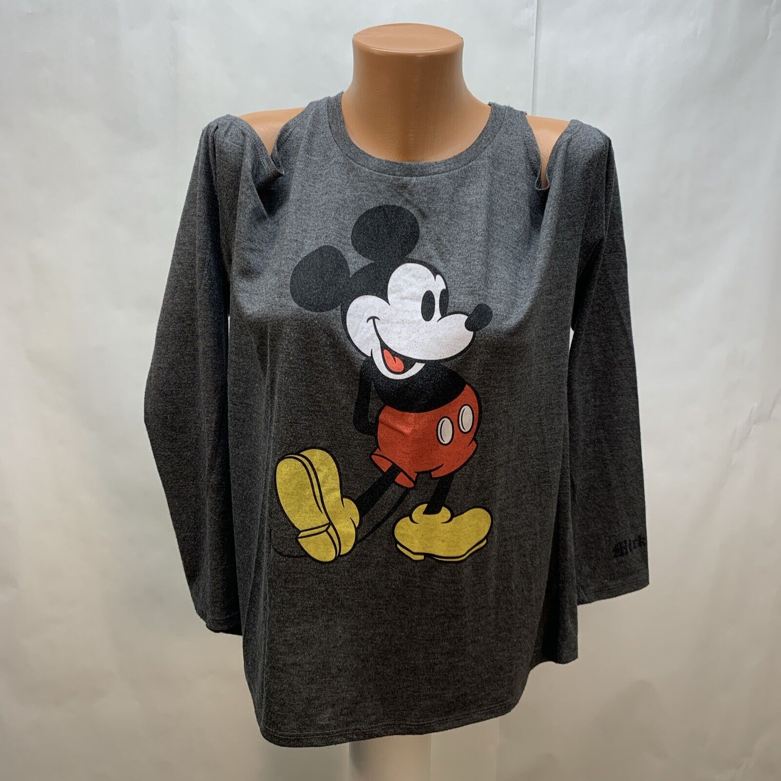 Disney  Women's Size Medium Gray T Shirt Long Sleeve Cold Shoulder Mickey Mouse