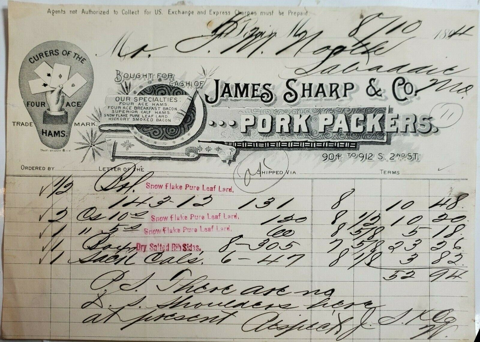 Antique Invoice Sales Receipt  James Sharp Pork Packers  August 10 1894 Ham Lard