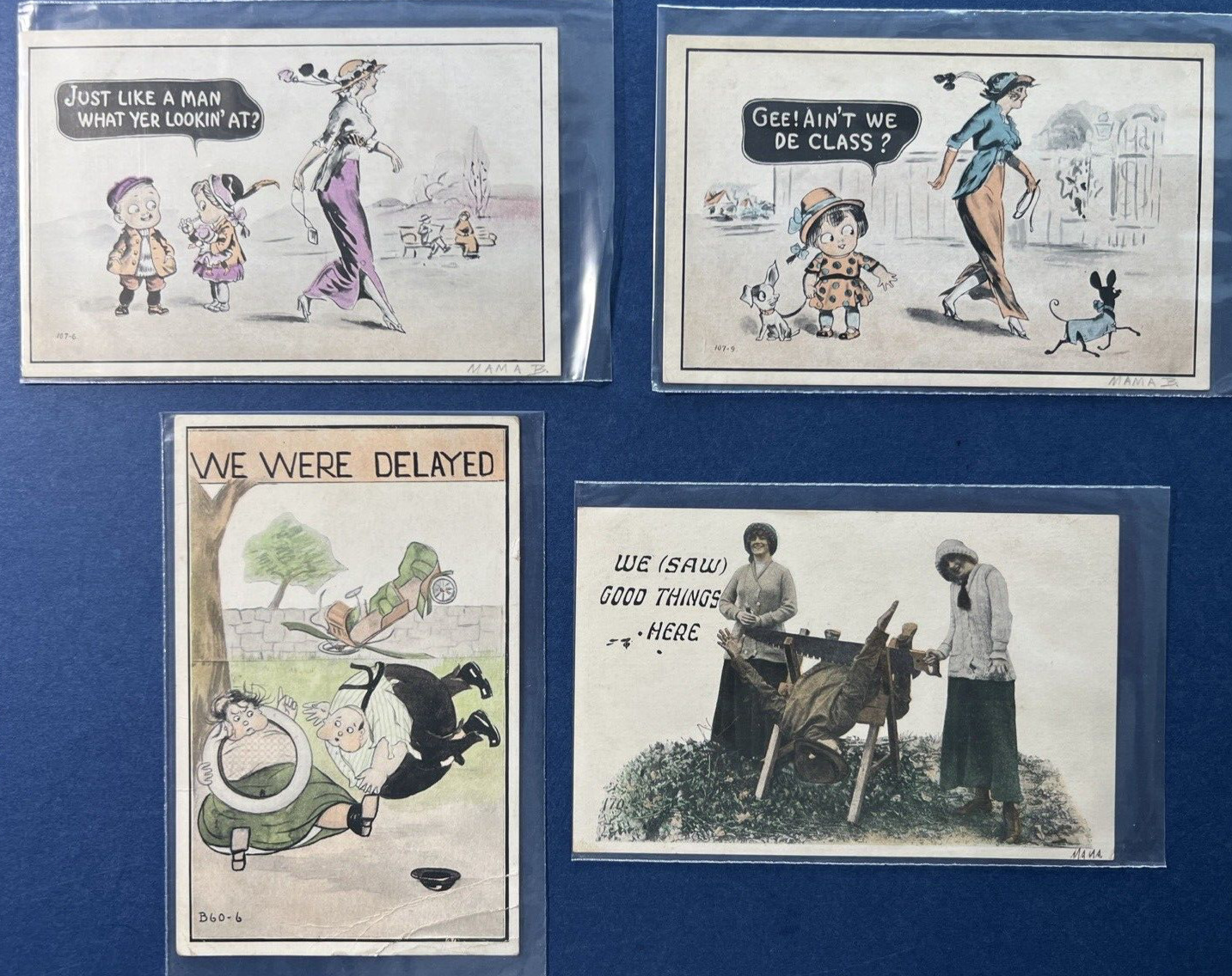 4 Comic / Humor Greetings Antique Postcards. Children, Auto, Romance. Same PUBL