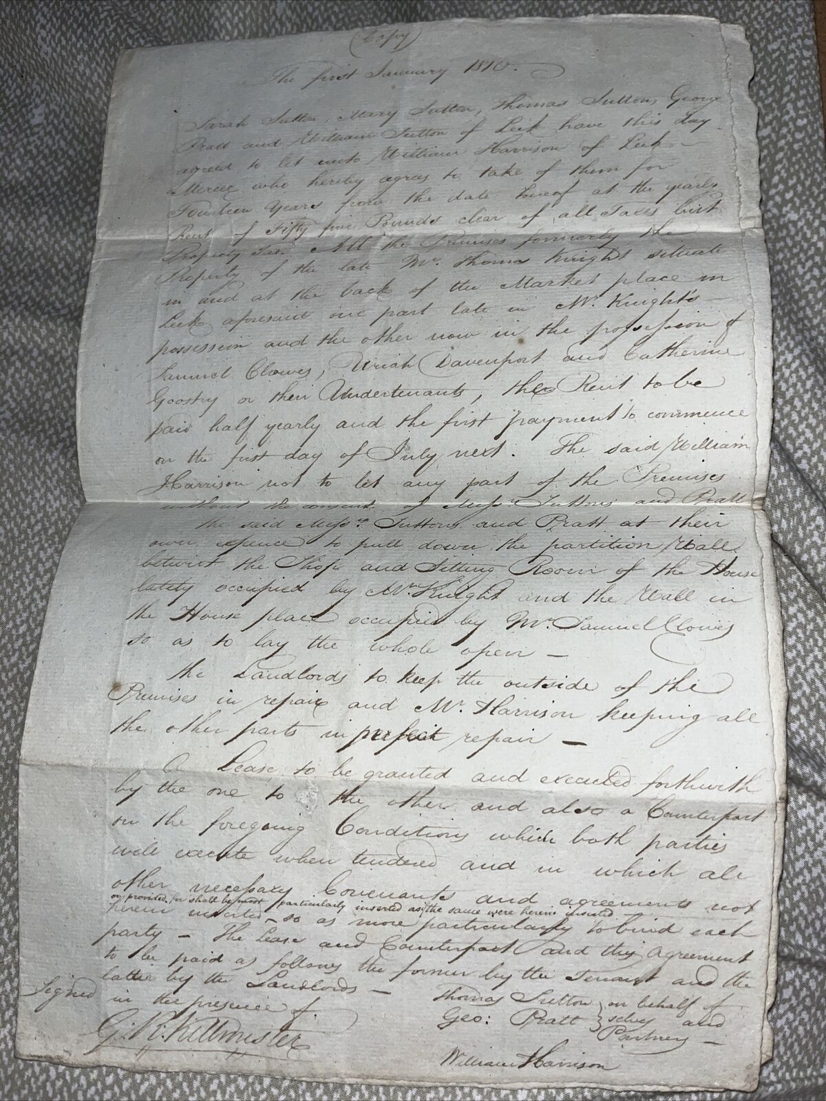 Antique Copy: 1810 Contract Agreement of Sutton Family in Leek England Genealogy