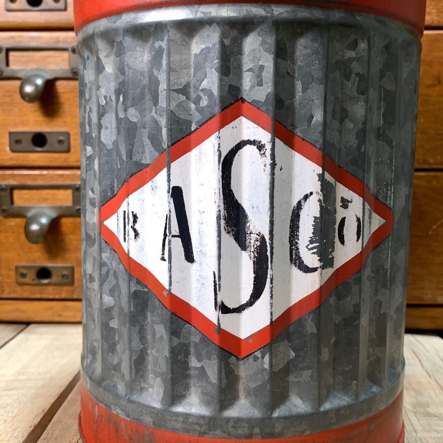 Vintage BASCO 1 Gal Gas Can W/ Painted Logo & Spout ~ Rust Hole
