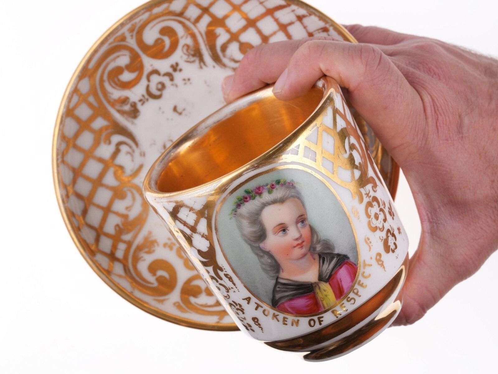 c1860 Large French Presentation Hand Painted portrait Cup and Saucer \