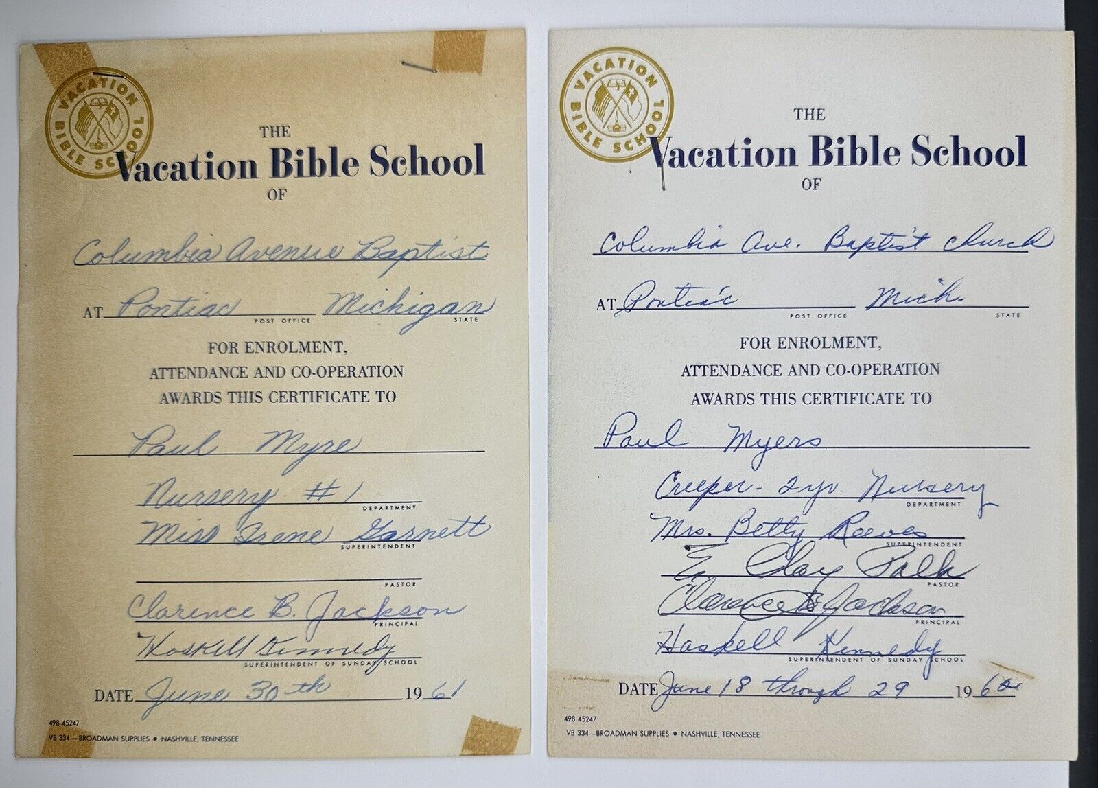 Vintage 1960s Vacation Bible School Award Certificate Lot Of 2