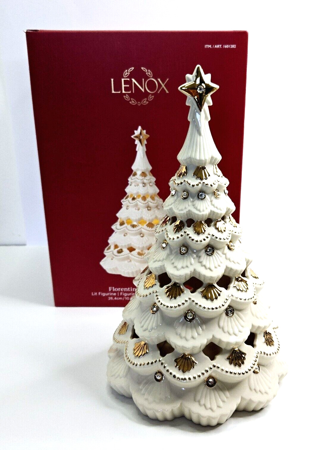 LENOX Florentine And Pearl Ceramic Christmas Tree Illuminated White Cream 