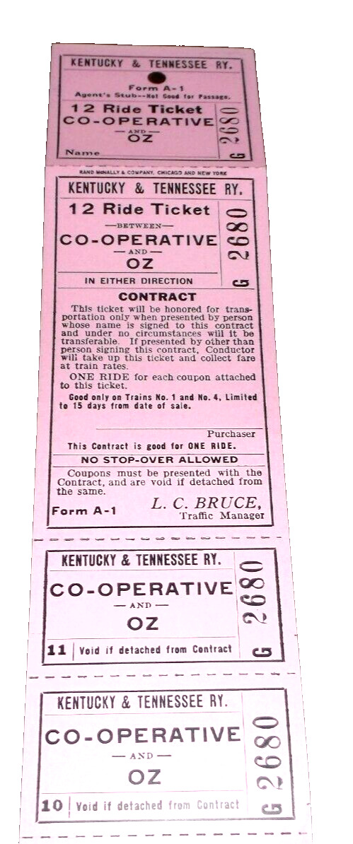 KENTUCKY & TENNESSEE RAILWAY 12 RIDE TICKET CO-OPERATIVE TO OZ