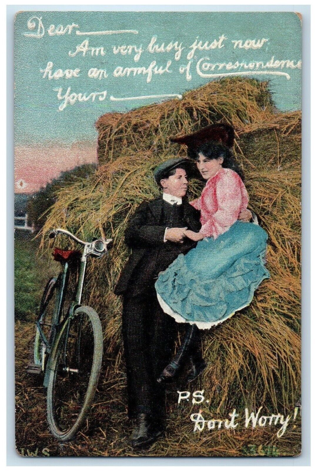c1910\'s Sweet Couple Romance Bicycle Farm Unposted Antique Postcard