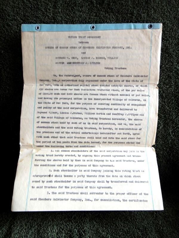 1929 antique CHAMBERS KELVINATOR CO VOTING TRUST PAPER