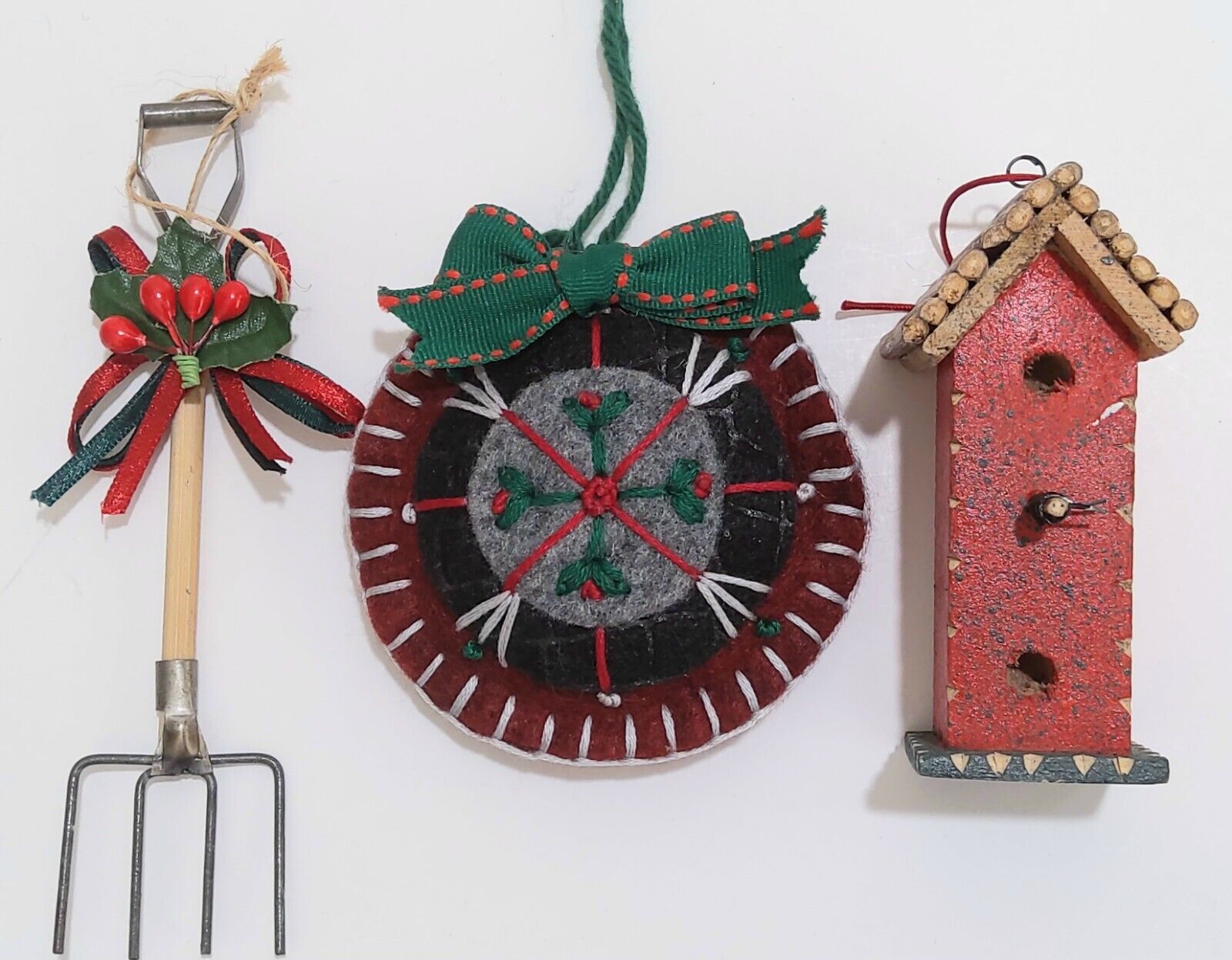Handmade Primitive Christmas Ornaments Birdhouse Pitchfork Medallion