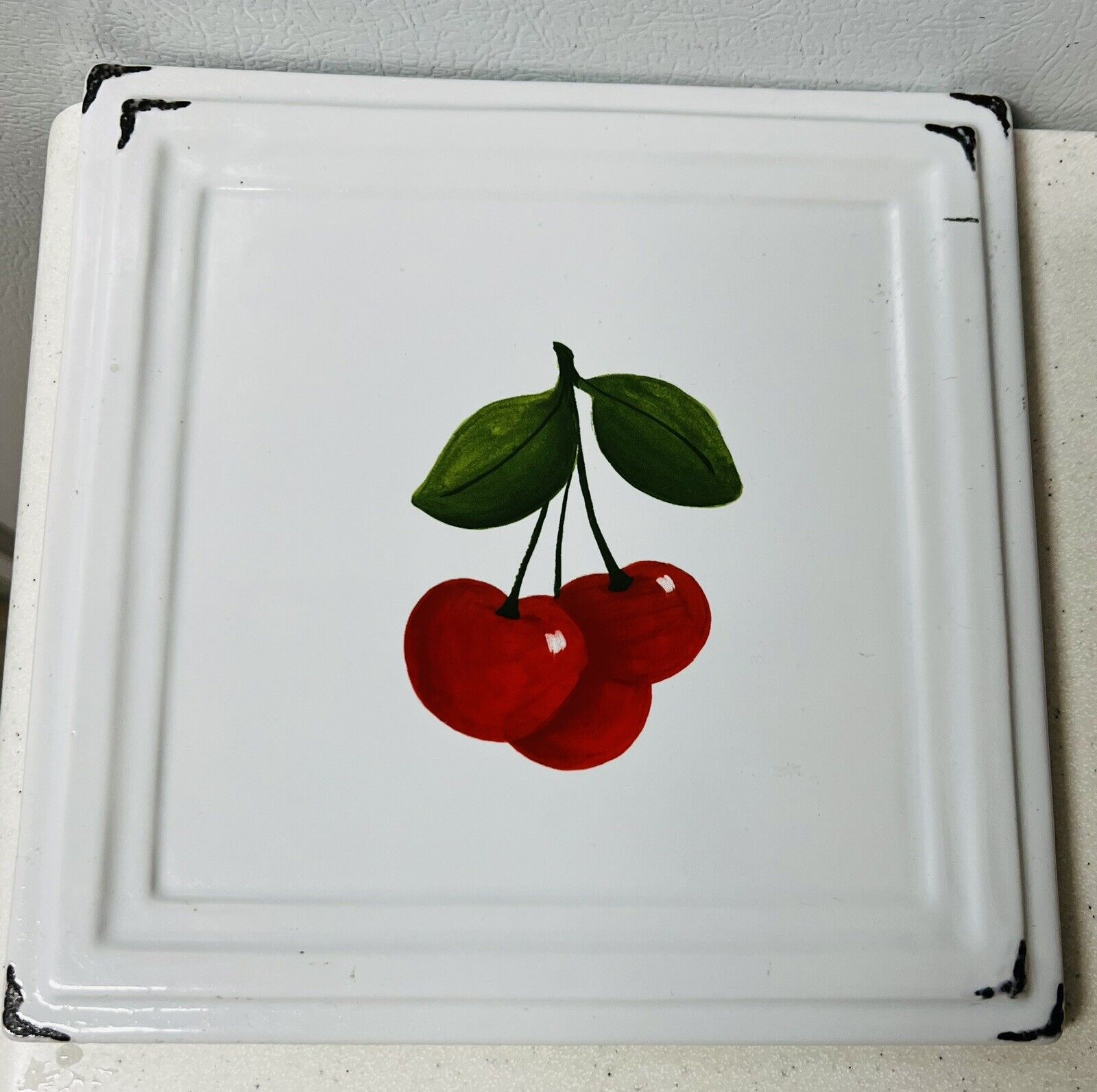 RARE Vintage DCC Pat Olson Ceramic Red Cherries Trivet 8” SE2